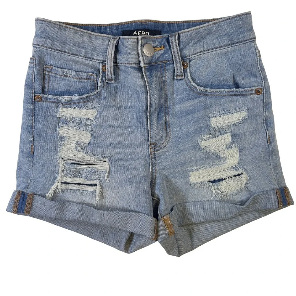 Aero Womens Mid Rise‎ Light Blue Denim Shorts Distressed Ripped Cuffed Pockets 4